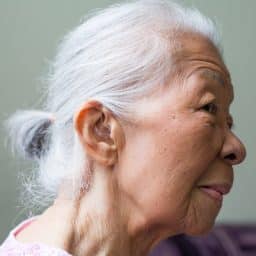 side view of a woman's ear and hearing aid